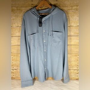 Casual Blue Hooded Button-Up Shirt